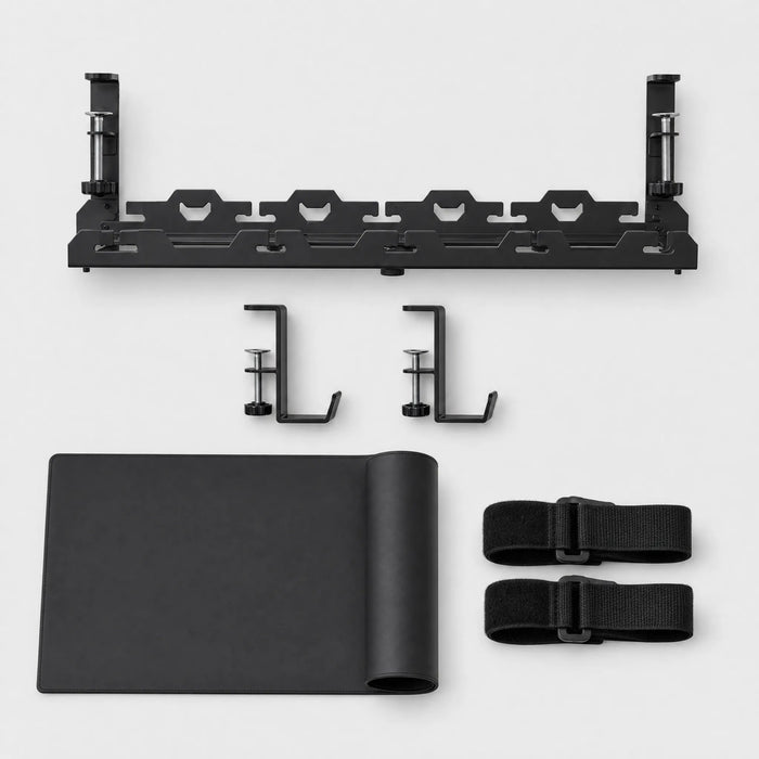 The Deskstead Edge System kit: cable tray, two edge hooks, desk pad and reusable cable ties