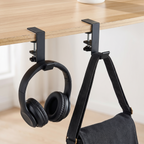 Deskstead Edge Hooks holding headphones and a bag