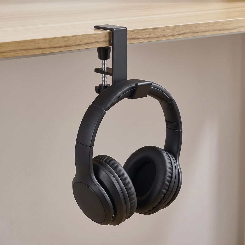 Deskstead Edge Hook holding headphones under a desk