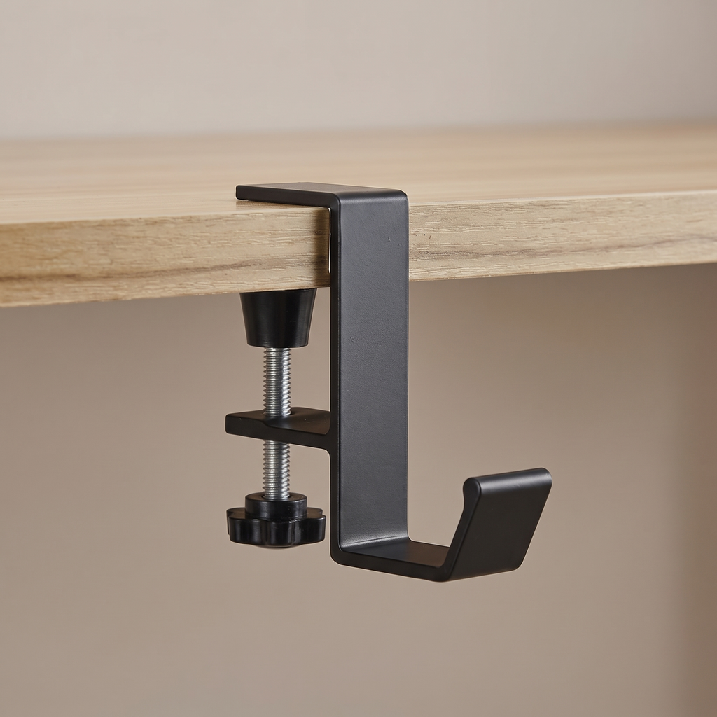 Deskstead Edge Hook clamped over a desk edge