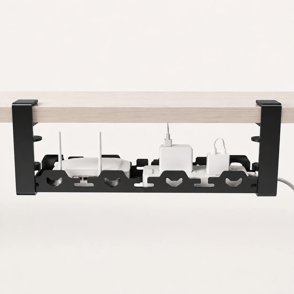 Hook Mount Cable Tray seen from the side, clamp arms over the desk edge