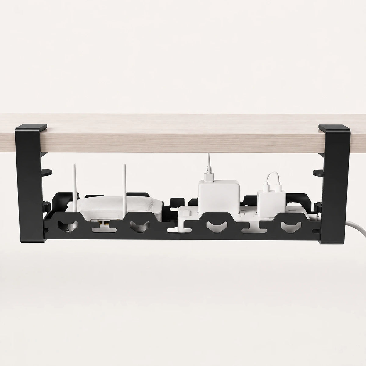 Hook Mount Cable Tray seen from the side, clamp arms over the desk edge
