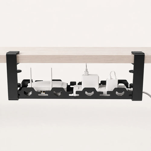 Hook Mount Cable Tray seen from the side, clamp arms over the desk edge