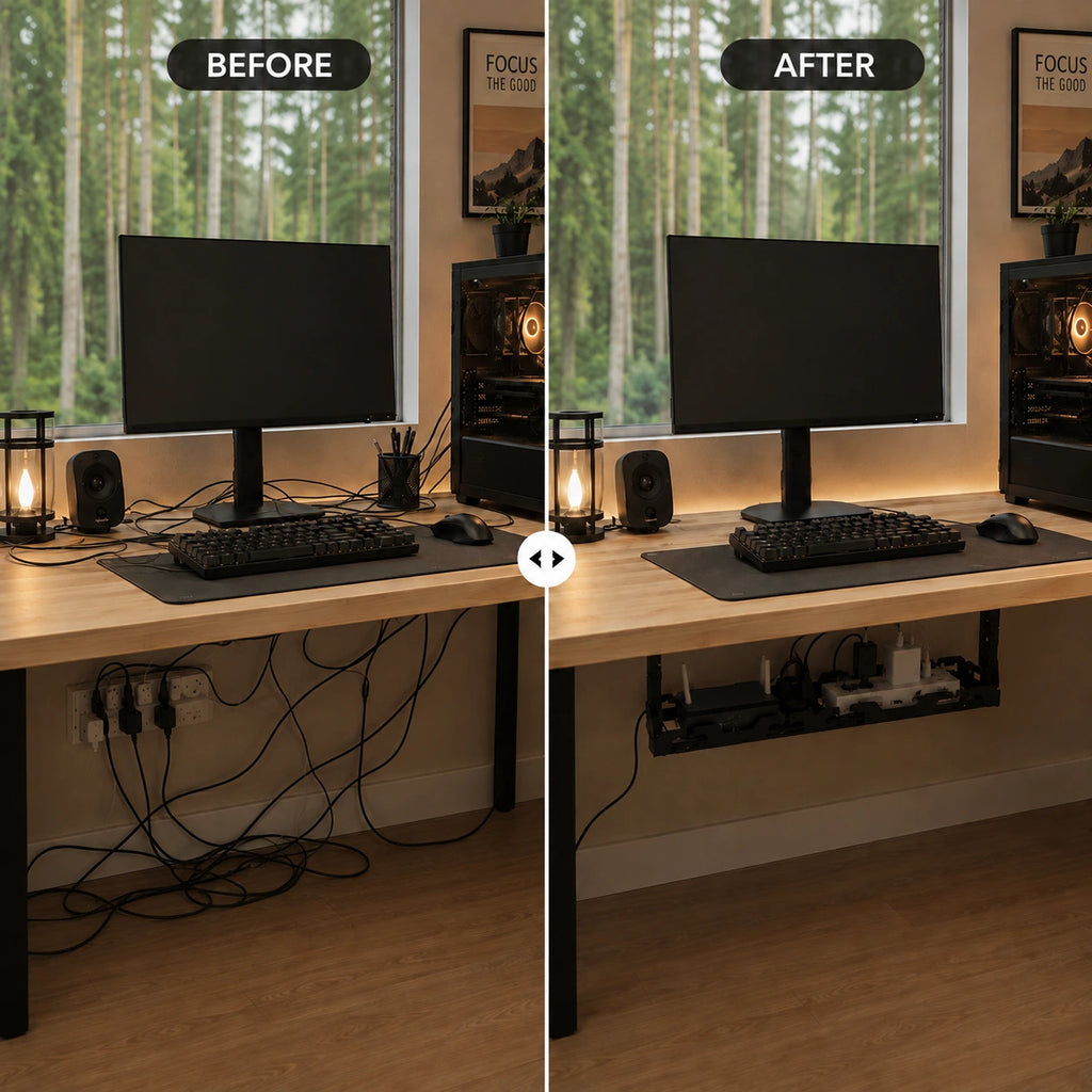 Hook Mount Cable Tray mounted under a desk, holding a power strip