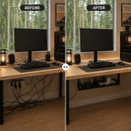 Hook Mount Cable Tray mounted under a desk, holding a power strip