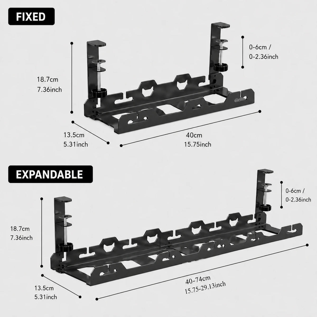 Hook Mount Cable Tray on a desk, showing the expandable width