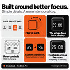 The Block Pro features: four presets, flip to start, full-face display, rear controls, custom countdown